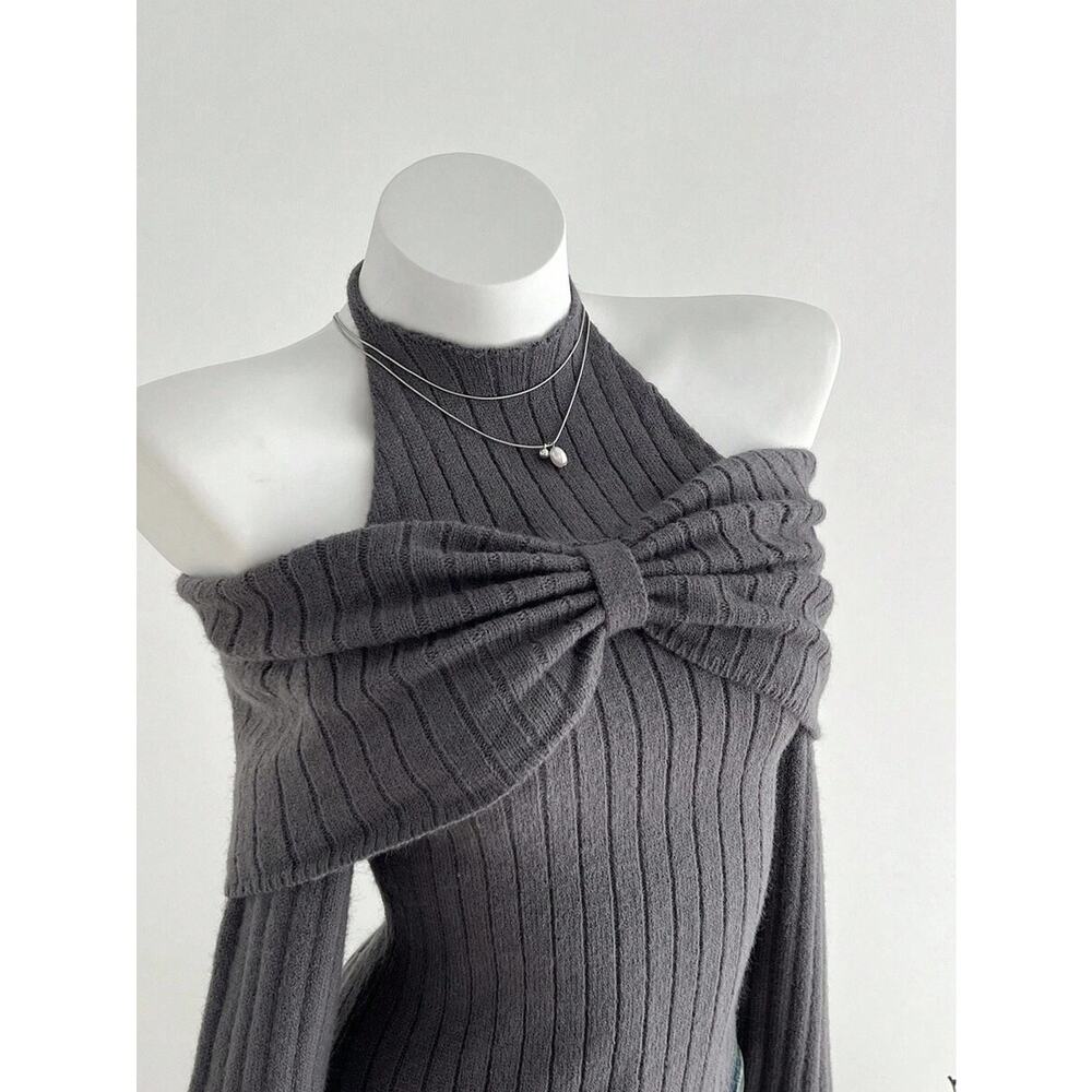 Women’s Dark Grey Ribbed Knit Halter Off-Shoulder Sweater Top w/ Bow Detail - XL - Picture 4 of 5